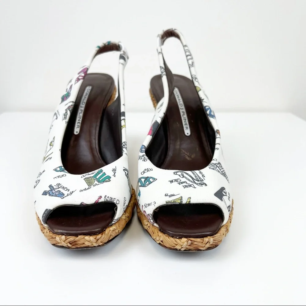 Donald J. Pliner Wicker Wedge Sandals Graphic Shoe Print Canvas Uppers Size‎ 7.5